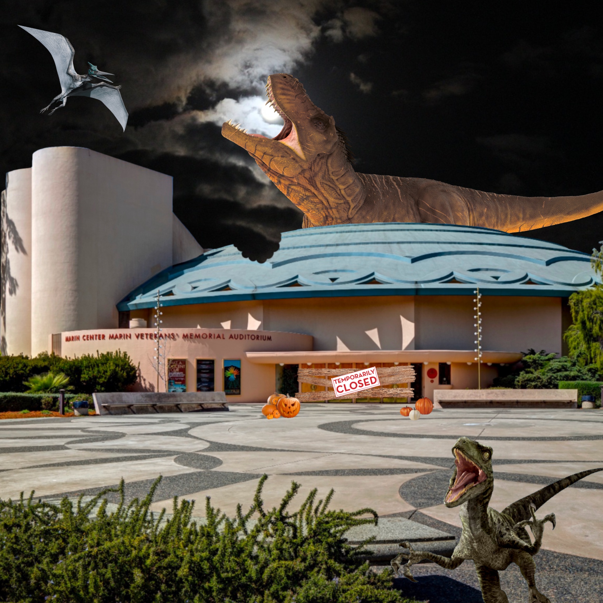 a graphic mixes a photo of the Marin County Veterans' Memorial Auditorium with an image of a dinosaur and a giant bat looming over the building. 