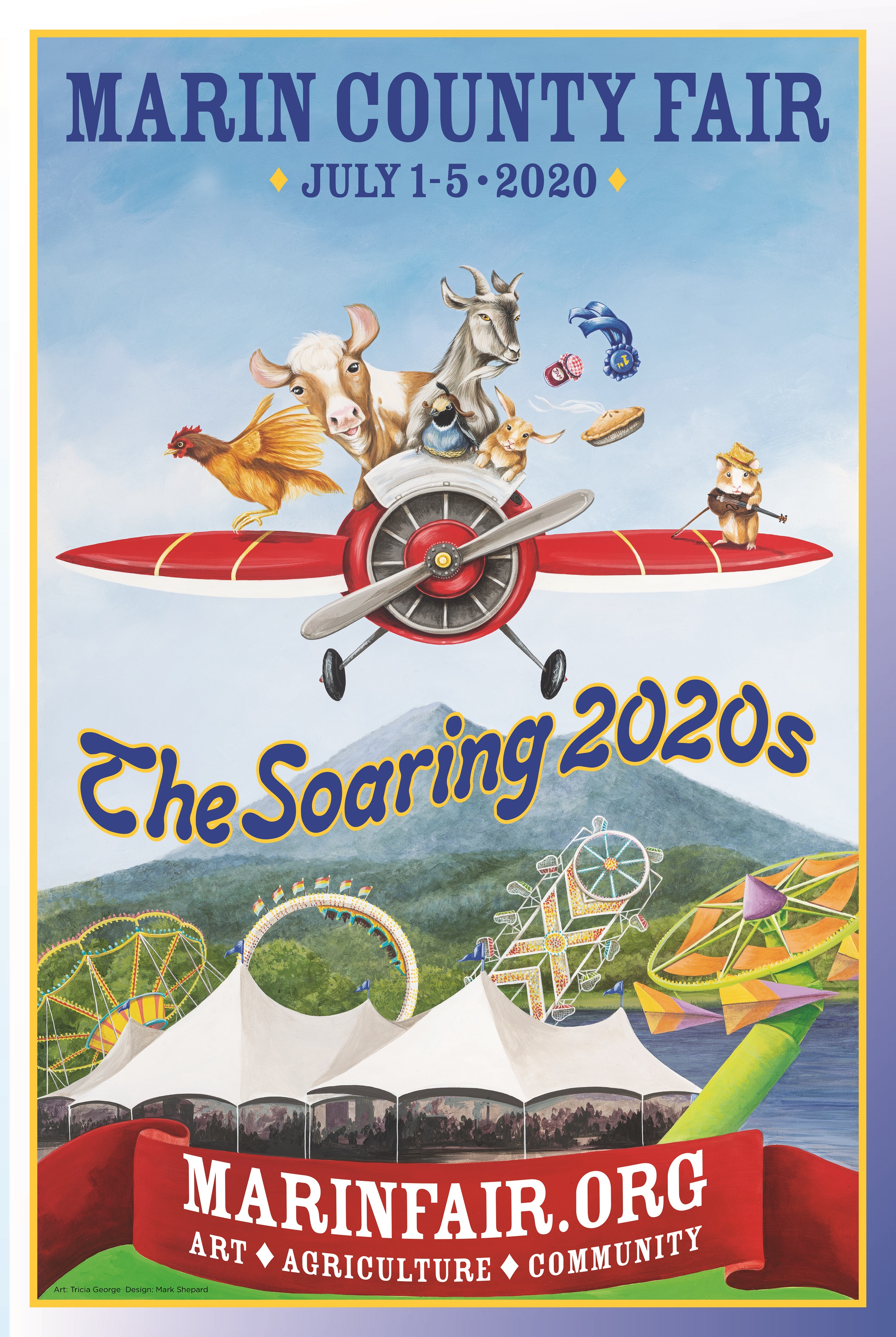 Marin County Fair poster features caricatures of farm animals flying in an antique plane 