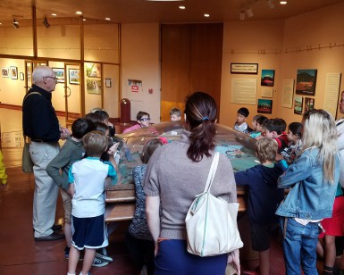 A docent leads a tour of schoolchildren at the Marin County Civic Center.