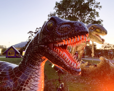 A view of the large-scale dinosaur models that were set up at the Marin County Fairgrounds for drive-thru entertainment in summer 2020.
