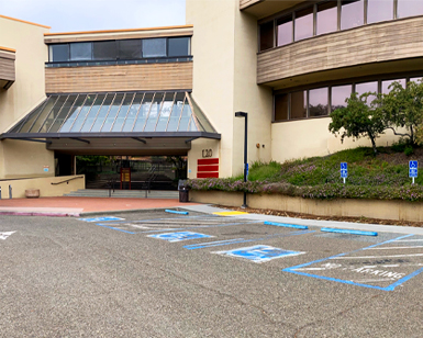 An exterior view of the entrance to the county health building at 120 North Redwood Boulevard in San Rafael.
