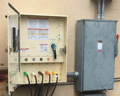 A closeup view of a new generator cabinet inside the Marin Center building.