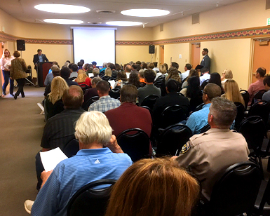 A crowded room of more than 100 people at the Trash Summit on November 1, 2017.