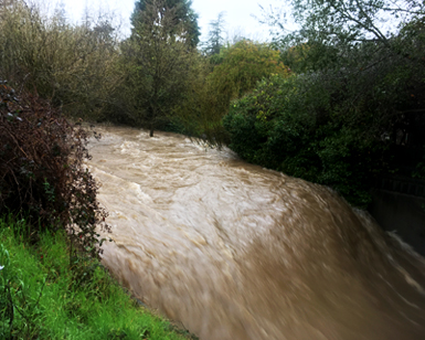 Stormwater rushes over a fish ladder on Corte Madera Creek on February 26, 2019.