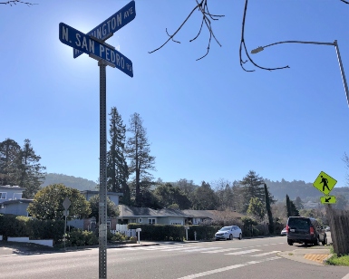 A view of the crosswalk at North San Pedro Drive and Washington Street in the Santa Venetia neighborhood.