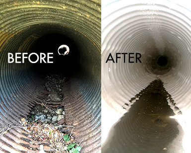This split-screen image shows the inside of a stormwater drainage pipe before and after thorough cleaning.