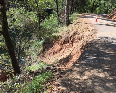 An eroded and deteriorated road shoulder along Fairfax Bolinas Road