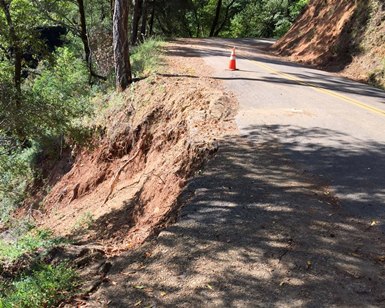 Evidence of a mudslide and erosion on the shoulder of Fairfax-Bolinas Road