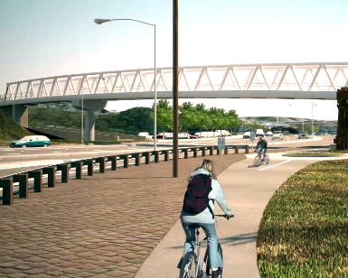 An architectural rendering of the completed ferry connector over Sir Francis Drake Boulevard.