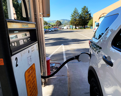 A Sheriff's vehicle gets filled up at the renovated fueling station at the Civic Center garage.