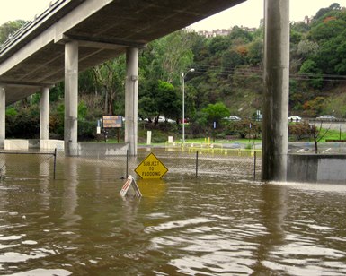 An archive photo of a flooded Manzanita Park and Ride lot in the Tam Junction area.