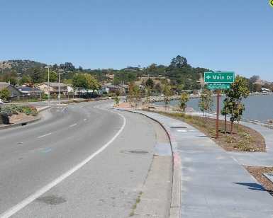 A view of sidewalks, pavement and landscape on Point San Pedro Road near Bayside Park
