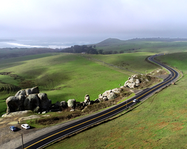 An aerial view of Dillon Beach Road in West Marin.