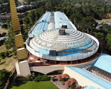 An aerial view of the library dome at the Civic Center shows the roof replacement construction that has been done.