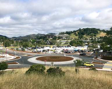 A hilltop view looking down on the completed traffic roundabout.