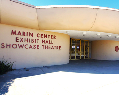 An exterior view of the back of Marin Center, the entrance to Exhibit Hall and the Showcase Theater