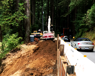 One lane access on Lucas Valley Road while slide repairs are being conducted. 
