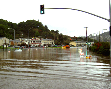 A flooded intersection near the Manzanita Park & Ride lot.