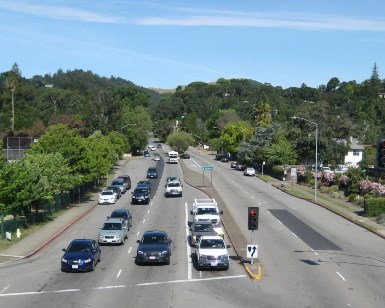 Cars at the intersection of Sir Francis Drake Blvd and Wolfe Grade