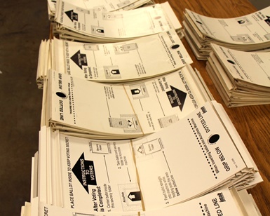 A close-up view of of the plastic protective sleeves that hold election ballot cards