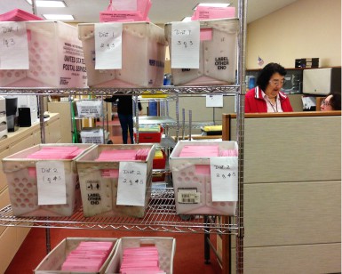 A cart on wheels inside the Elections Department has boxes of provisional ballots that still need to be tallied.