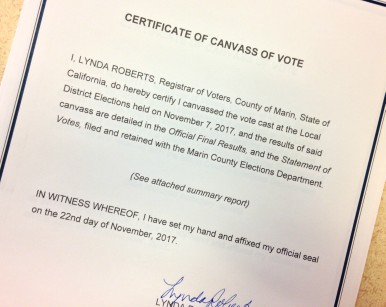 A closeup view of the certificate of the canvass of vote