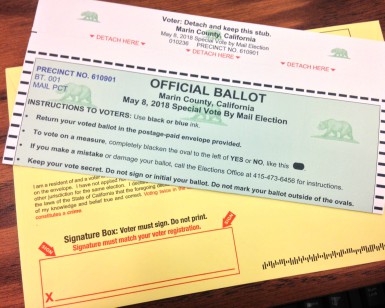 A closeup view of the official ballot for the May 8 election.