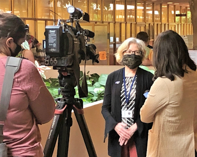 Marin County Registrar Lynda Roberts is interviewed by a TV news reporter on Election Day, November 3, 2020, outside the Elections Department.