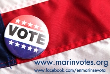 Graphic promo for www.marinvotes.org featuring a "Vote" button