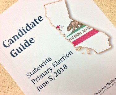 A closeup view of the cover of the statewide primary election candidate guidebook