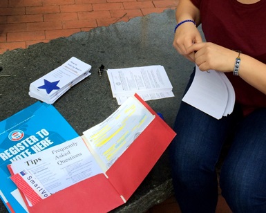A young person who's face is out of the photo frame looks at voter registration papers.