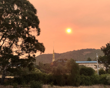 A view of smoky skies over the Marin County Civic Center in San Rafael during wildfires.