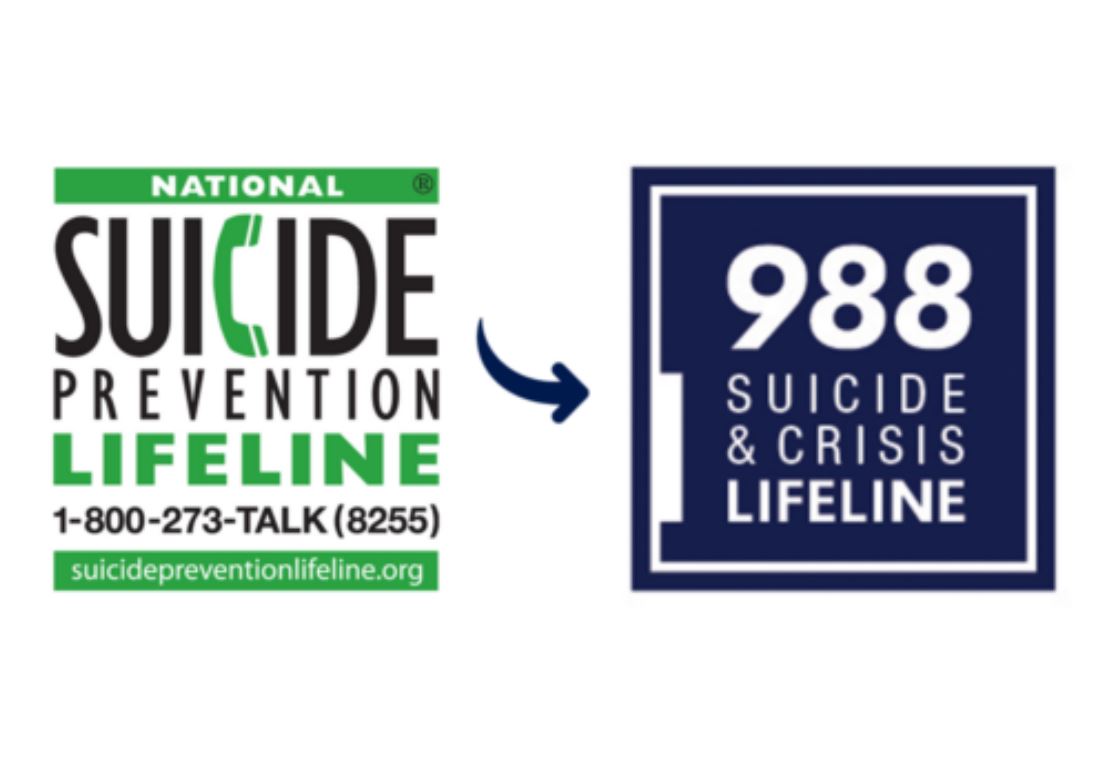 Old graphic with suicide prevention lifeline phone number next to the new graphic promoting the 988 crisis line.