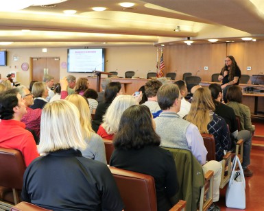 The Marin County Board of Supervisors chamber was packed with people during an information workshop about homelessness in April 2017.