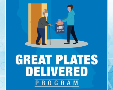 Great Plates Delivered program graphic depicting a delivery person handling a packaged meal to an elderly person and both wearing masks.