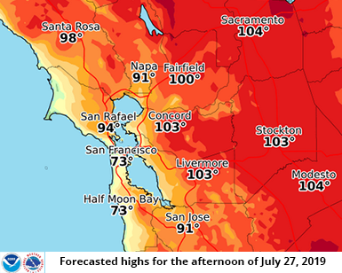 National Weather Service map showing high temperatures forcasted for regions of northern california for July 27, 2019.