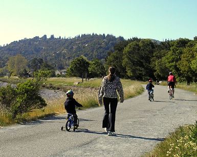 Several walkers and cyclists use a pathway in Corte Madera