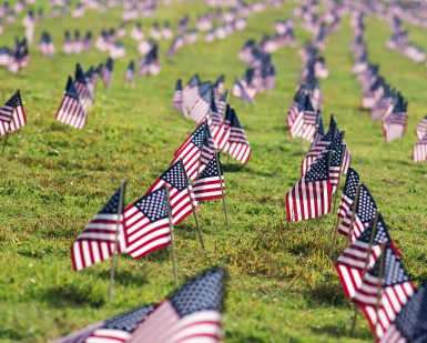 Small American flags are placed at the gravesites of military veterans at a cemetery.