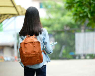 Adolescent Girl Walks into School carying backpack and notebooks