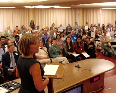 Human Resources Department Assistant Director Lisa Baker in the foreground speaks to dozens of volunteers and student interns in the audience at a Board of Supervisors meeting August 16, 2016.
