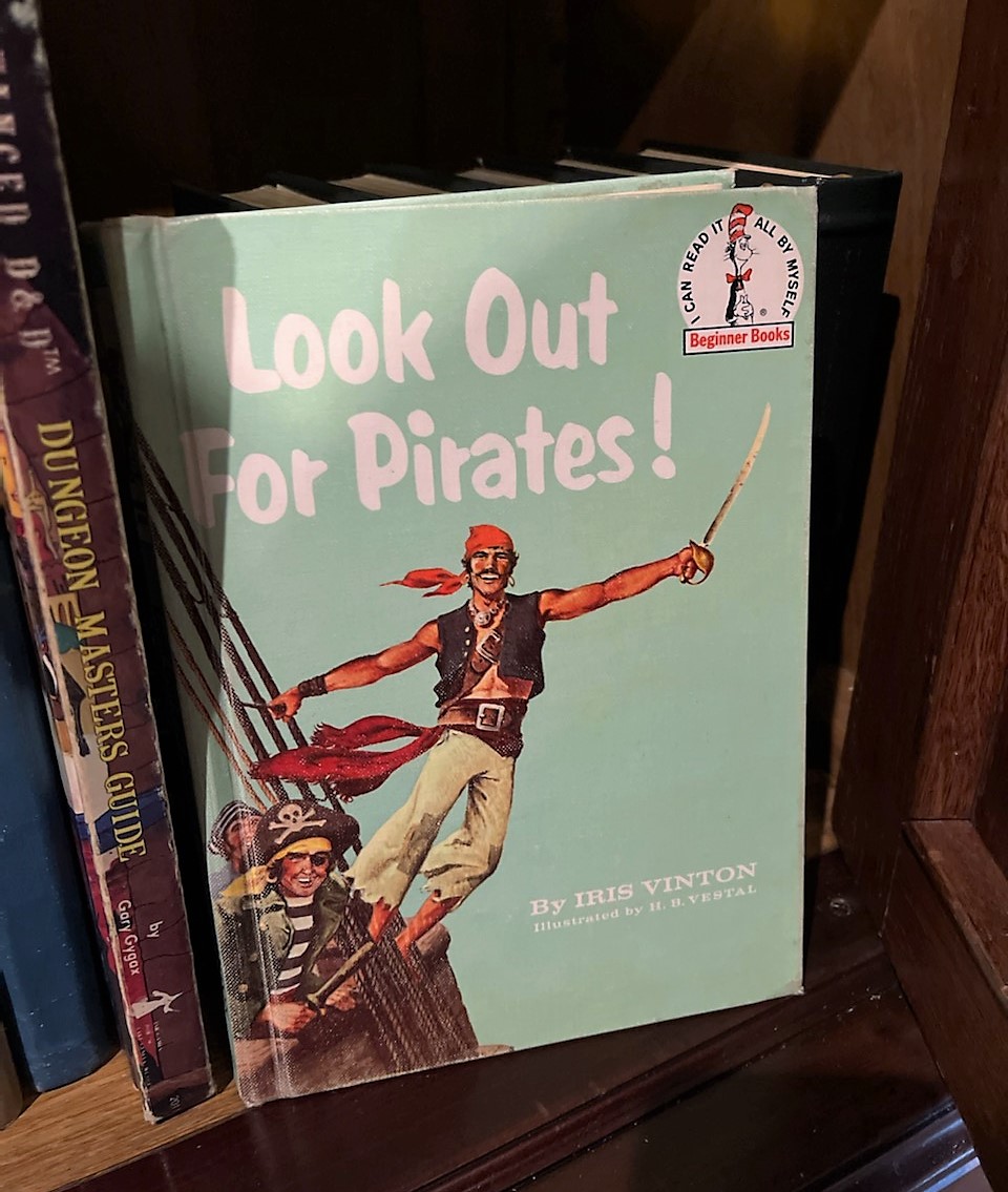 A copy of 'Look Out For Pirates!' sits on Tony Goodman's shelf.