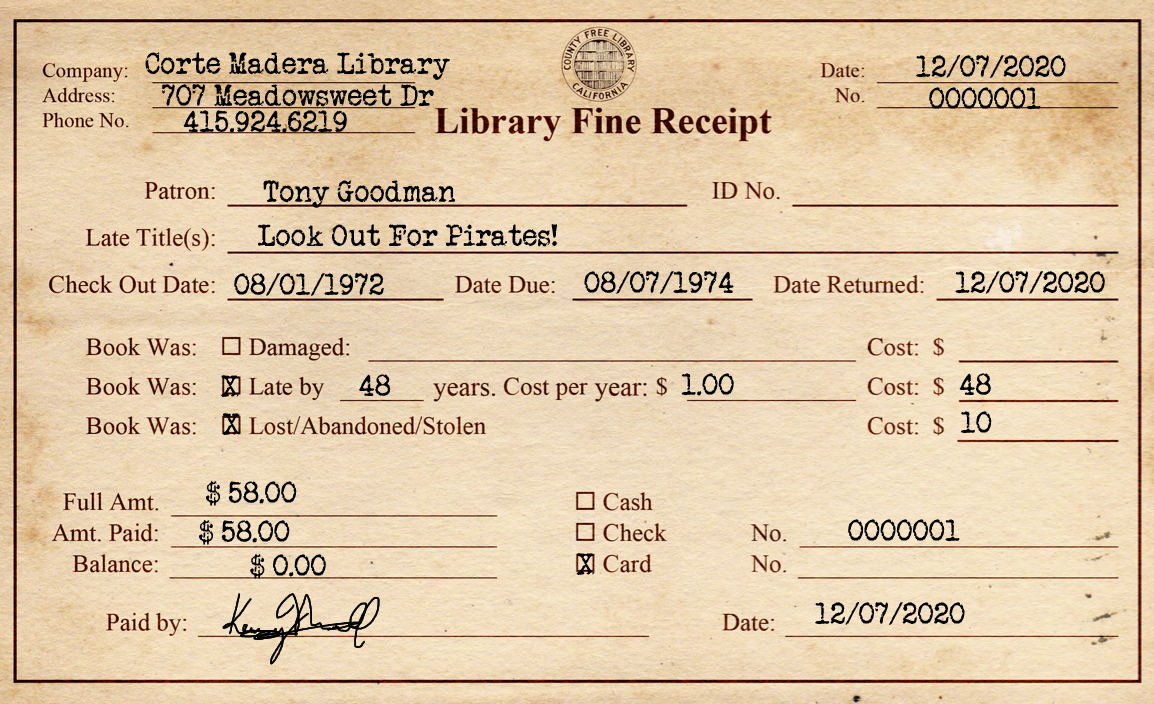 A copy of the receipt provided to Kenny Newell for his contribution to the Marin County Free Library.