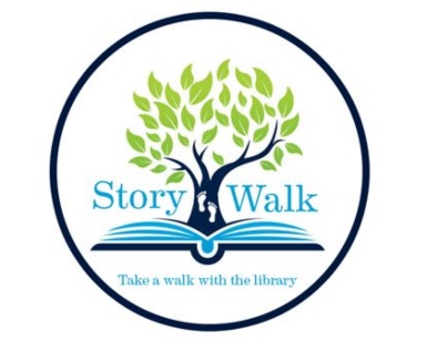 Artistic logo for StoryWalk program shows a tree growing out of the pages of a book