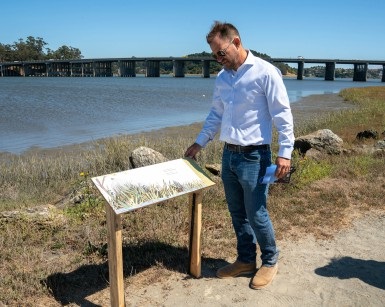 Rob LaPorte of the Golden Gate National Parks Conservancy checks a storyboard next to a trail that tells the story of the book "A Stone Sat Still."