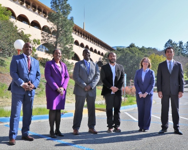 Clean Slate program supporters pose in front of the Marin County Civic Center. From left to right, Assistant DA Otis Bruce Jr., Health and Human Services Director Benita McLarin, Probation Chief Marlon Washington, Health and Human Services Division Director D’Angelo Paillet, DA Lori Frugoli, and Public Defender David Joseph Sutton.