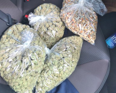 Several bags of marijuana sitting on a car seat.
