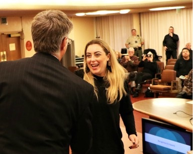 Wall of Change honoree Isadora Fisher is congratulated by Marin County Superior Court Judge Paul Haakenson on December 4, 2019.