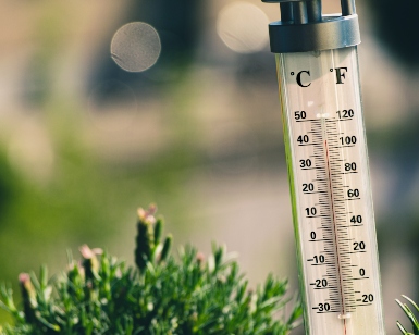 A closeup view of a temperature gauge showing 100 degrees 