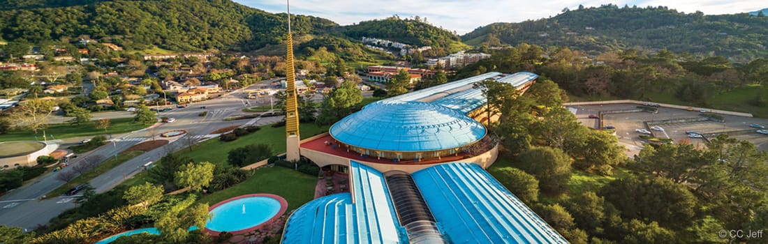 Aerial view of iconic blue roof of Civic Center