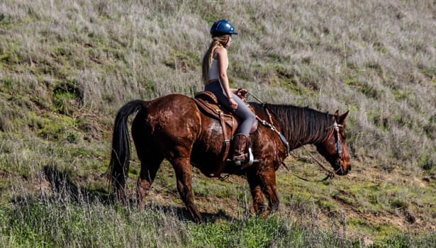 Girl wearing a helmet riding a horse
